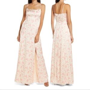 WAYF Verona Etched Floral Gown White Pink Watercolor Maxi Aline Split Slit Dress